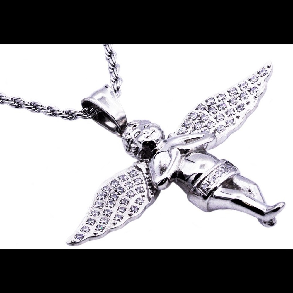 Stainless Steel Silver Plated Cherub Pendant w/cz